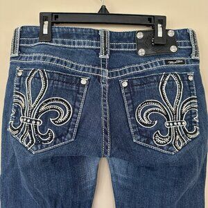 Miss Me Women 29 (8) Dark Blue Jeans Denim Boot Cut Bling Embellished Fleur De L